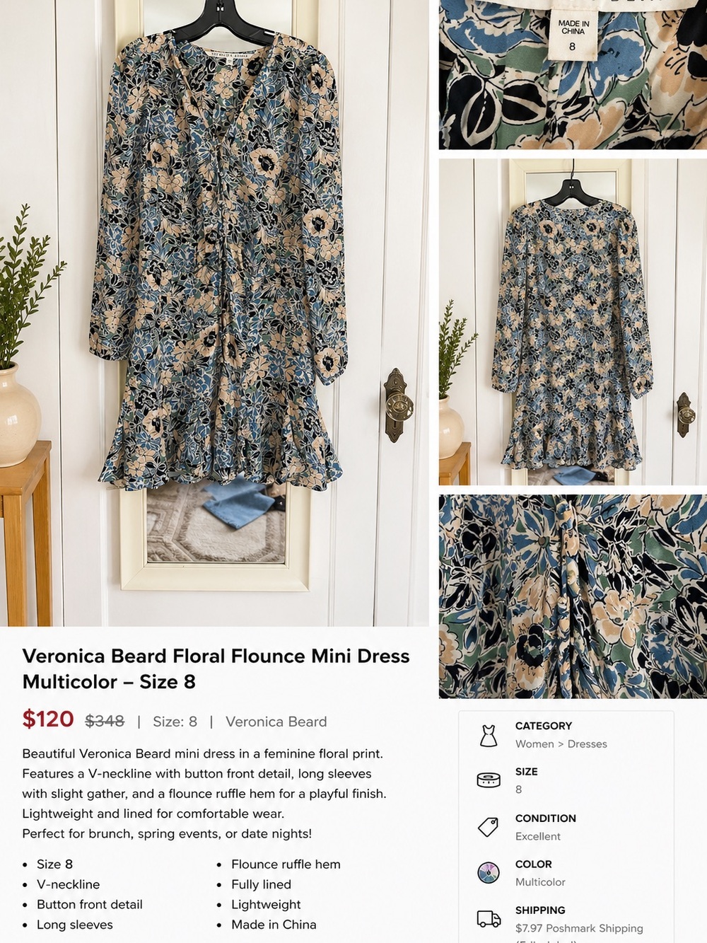 Veronica Beard Multicolor Floral Flounce Mini Dress in Blue & Cream